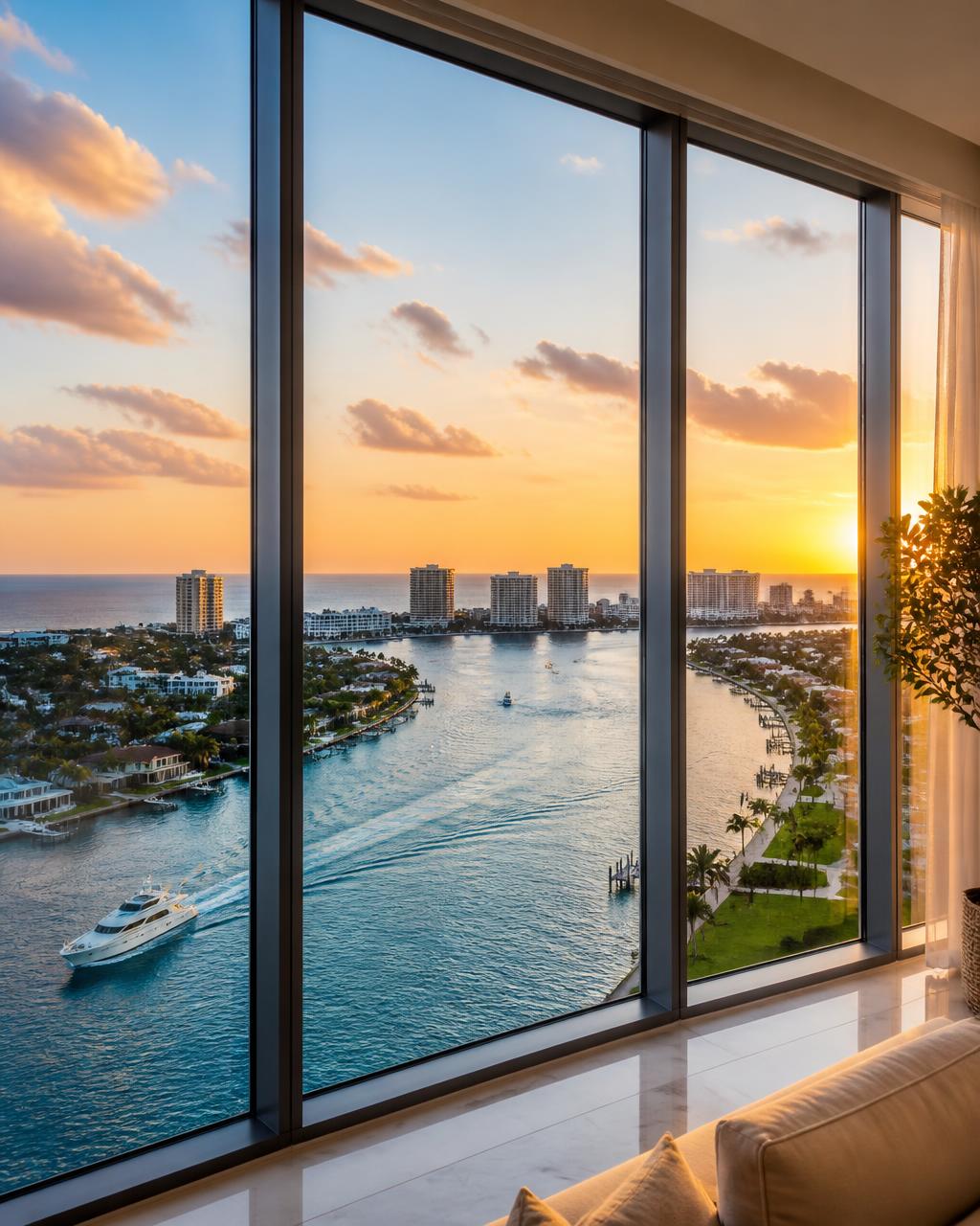 Crystal-clear ocean view through a clean high-rise condo window in Fort Lauderdale